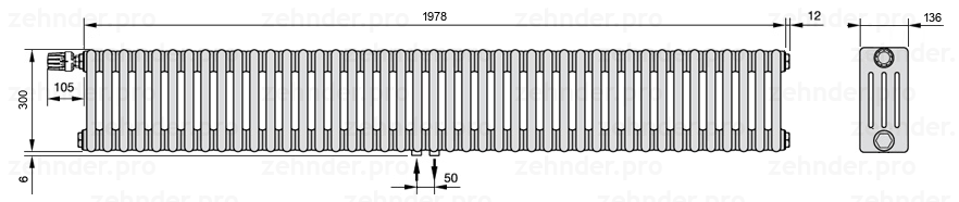 Схема (чертеж) Радиатор Zehnder Charleston 4030/43 №V007 Белый глянцевый RAL 9016